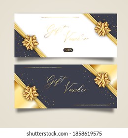 Set of stylish gift voucher with golden ribbon and bow. Vector elegant template for gift card, coupon and certificate isolated from background.