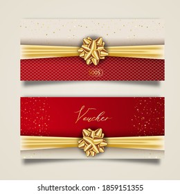 Set of stylish gift voucher with golden ribbon and bow. Vector elegant template for gift card, coupon and certificate isolated from background.