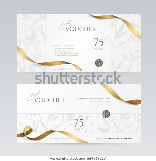 Set of stylish gift voucher\
with golden ribbon and silver floral pattern. Vector template for\
gift card, coupon and certificate. Isolated from the\
background.