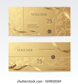 Set of stylish gift vouchers with ribbon and floral pattern. Vector golden template for gift card, coupon and certificate. Isolated from the background.