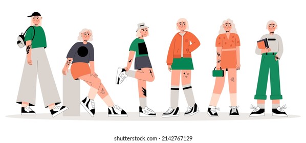 Set of stylish girls in modern trendy clothes and sneakers with a tattoo. Flat vector illustration isolated on white background.