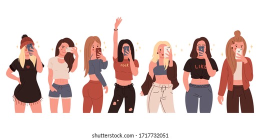 Set of stylish girls taking a selfie on a smartphone. Mirror view. Isolated on a beige background. Hand drawn colored trendy vector illustration. Fashion, social media concept.