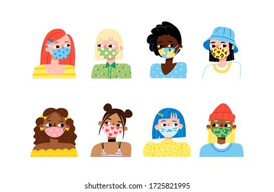 Set of stylish girls wearing face masks preventing the coronavirus pandemic. Fashionable protection from virus, flu outbreak or air pollution. Women avatars. Cute cartoon illustration in flat style. 