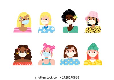 Set of stylish girls wearing face masks preventing the coronavirus pandemic. Fashionable protection from virus, flu outbreak or air pollution. Women avatars. Cute cartoon illustration in flat style.