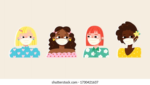 Set of stylish girls wearing face masks preventing the coronavirus pandemic. Fashionable protection from virus, flu outbreak or air pollution. Women avatars. Cute cartoon illustration in flat style.