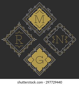 The Set Of Stylish Graceful Monogram Emblem Templates. Elegant Vector Frames Ornament Logo In Line Style With Letters And Other Design Elements. Diamond Shaped.