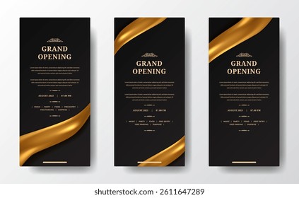 Set of stylish grand opening social media stories with black background and golden ribbon for upscale branding