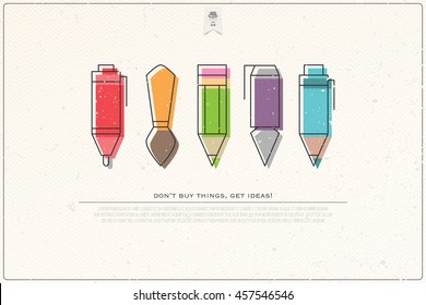 set of stylish graphic design tools over paper texture. vector back to school icons. pencil, pen, paintbrush, marker and ink pen symbol. writing and painting concept banner template