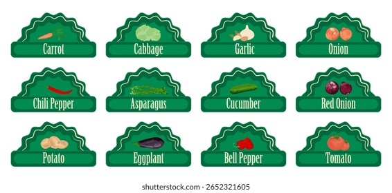 Conjunto de etiquetas de verduras verdes con estilo, etiquetas. Ideal para el envasado de alimentos, la promoción de productos de la tienda y los conceptos alimentarios. Perfecto para etiquetas ecológicas.
