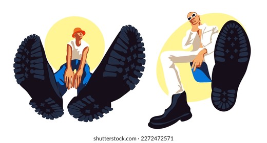 A set of stylish guys-fashionistas in bright colors. Fashionable different guys in shoes with spikes. Juicy modern guys in stylish clothes with elongated body parts. An inverted perspective.