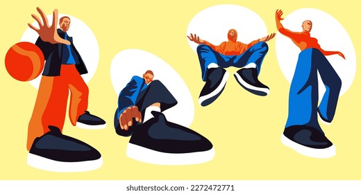 A set of stylish guys-fashionistas in bright colors. Fashionable different guys in sneakers in different poses. Juicy modern guys in stylish clothes with elongated body parts. An inverted perspective.