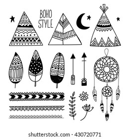 Set of stylish hand drawn elements, Creative boho style elements including ethnic Teepee or Wigwam, Detailed Feathers, Arrows, Divider, Flower and Dream Catcher.