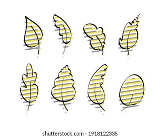 Set of stylish hand-drawn leaves with yellow-gray glitch effect. Elements for the design of postcards, books, menus or advertising. Isolated on white background. Vector illustration.