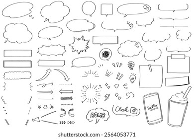 A set of stylish hand-drawn line-drawn speech bubbles and emotion icons