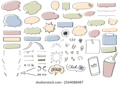 A set of stylish hand-drawn line-drawn speech bubbles and emotion icons