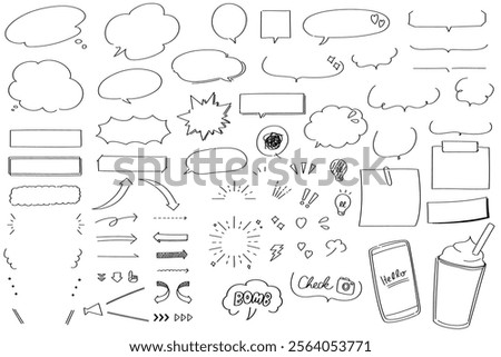 A set of stylish hand-drawn line-drawn speech bubbles and emotion icons