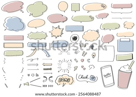 A set of stylish hand-drawn line-drawn speech bubbles and emotion icons