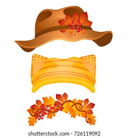 A set of stylish hats and headdresses in the style of Golden autumn or thanksgiving
day isolated on white background. Girlish knitted cat hat with ears. Vector cartoon close-up illustration.