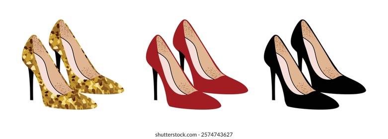 Set of stylish high-heeled shoes in gold, red, and black. Elegant footwear design for women and fashion themes. Flat vector illustration isolated on white background.