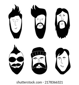 Set of stylish hipster men with different haircuts and beards. Silhouettes, emblems, badges, labels. Vector illustration in doodle style.