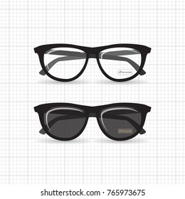 A set of stylish hipster sunglasses and reading glasses. Retro specs for style with highlights and a label of the designer's name.