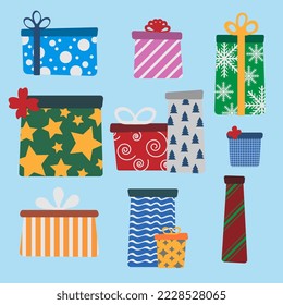 Juego de estilosos regalos de vacaciones con diferentes formas, flores y cintas para navidad y cumpleaños