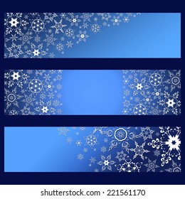 Set of stylish horizontal banners with 3d white snowflakes isolated on blue background. Christmas and New Year card. Beautiful trendy wallpaper. Vector illustration