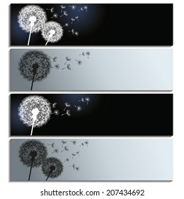 Set of stylish horizontal banners with black and white dandelions isolated on white background. Beautiful trendy gray and black wallpaper. Vector illustration