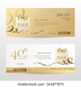 Set of stylish horizontal banners with paper shopping bag, golden bow and ribbon. Vector templates for promotion design on the website with gold and white background. Isolated from the background.