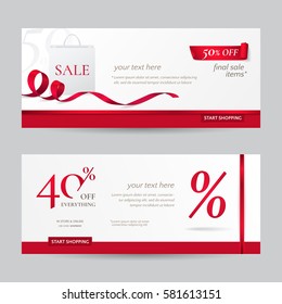 Set of stylish horizontal banners with paper shopping bag and red ribbons. Vector templates for discounts offered on the website. Isolated from the background.