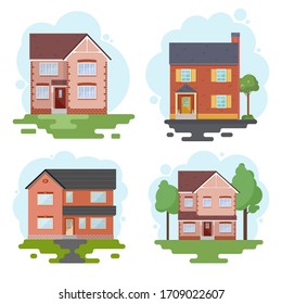 Set stylish house against the sky and other elements of the environment. House in a flat style. Vector illustration