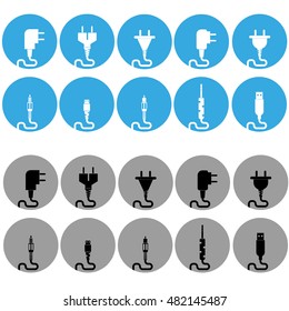 A set of stylish icons connectors, plugs sockets, video cable, audio cable on a gray and blue round background. Vector illustration