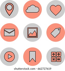 Set of stylish icons in gray and orange colors. Isolated. Communication. Telecommunications. Interface.