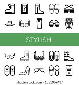 Set of stylish icons. Such as Boots, Sunhat, Full length mirror, Sunglasses, Pencil skirt, Slippers, Floor lamp, Moustache, High heels, Computer tower , stylish icons