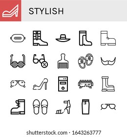 Set of stylish icons. Such as High heels, P t, Boots, Sunhat, Boot, Sunglasses, Hair brush, Slippers, Moustache, Computer tower, High heel, Pencil skirt , stylish icons