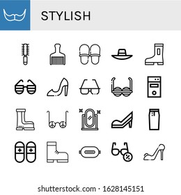 Set of stylish icons. Such as Moustache, Hair brush, Slippers, Sunhat, Boots, Sunglasses, High heels, Computer tower, Full length mirror, Pencil skirt, Boot, P t , stylish icons