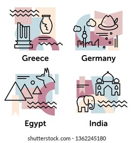 Set of stylish icons for traveling to different countries. Germany, Greece, India, Egypt. vector illustration