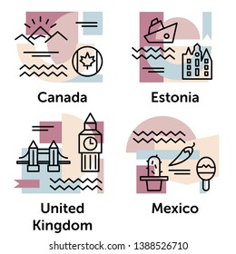 Set of stylish icons for traveling to different countries. Canada, Estonia, United Kingdom, Mexico. vector illustration