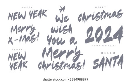 Set of stylish inscriptions for a Happy New Year and a Merry Christmas. Fashionable modern font. Lettering, painted with a brush by hand. Vector illustration on a white background.