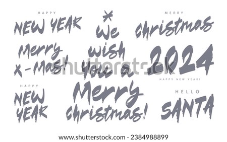 Set of stylish inscriptions for a Happy New Year and a Merry Christmas. Fashionable modern font. Lettering, painted with a brush by hand. Vector illustration on a white background.