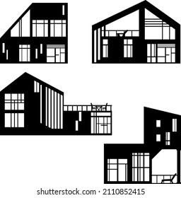 Set of stylish  isolated vector houses. Black and white houses in modern style. High tech industrial home silhouettes. 