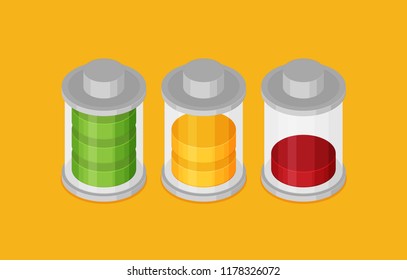 set of stylish isometric battery charge icons isolated in background