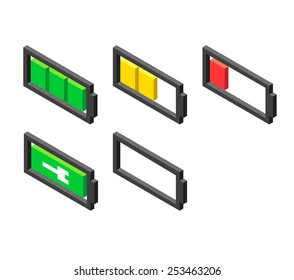 set of stylish isometric battery charge icons isolated on white background