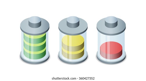 set of stylish isometric battery charge icons isolated in white background