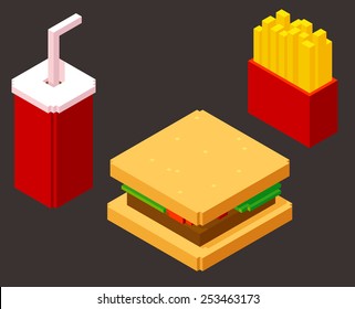 set of stylish isometric fast food items: burger, soda and french fries