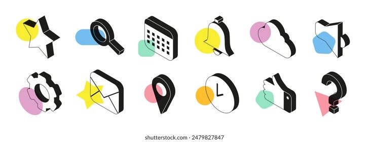 Set of stylish Isometric symbols with bright spots. Vector calendar, email, cloud and more illustrations isolated on white background