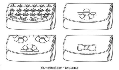 Set stylish leather wallets for money with floral pattern, black contour on white background. Vector illustration