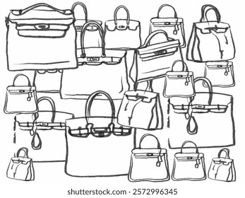 Set of stylish leather women's handbags. Tote, shopper, hobo, bucket, satchel and pouch bags. Modern bags. Hand drawn sketch on white background. Isolated vector set. 