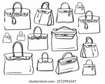 Set of stylish leather women's handbags. Tote, shopper, hobo, bucket, satchel and pouch bags. Modern bags. Hand drawn sketch on white background. Isolated vector set. 