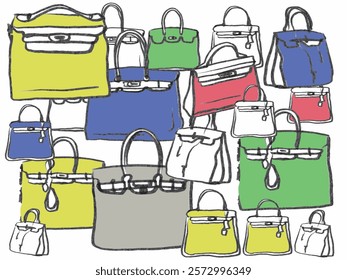 Set of stylish leather women's handbags. Tote, shopper, hobo, bucket, satchel and pouch bags. Modern bags. Hand drawn sketch on white background. Isolated vector set. 